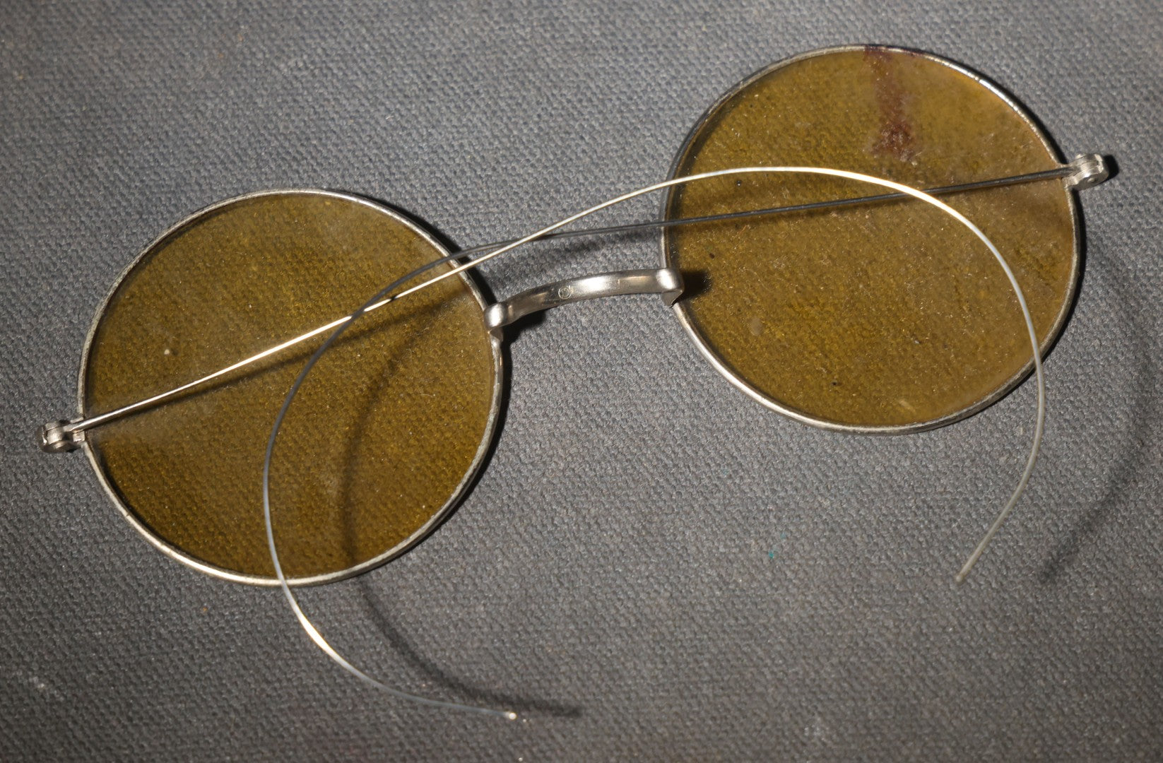 Antique Round Wire-Frame Amber Tinted Glasses with Curved Earpieces and Hard Case