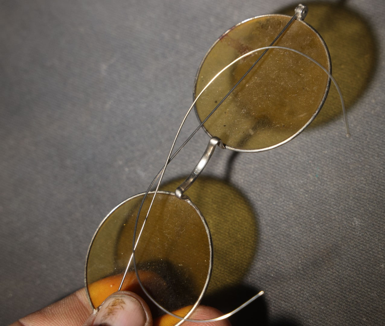 Antique Round Wire-Frame Amber Tinted Glasses with Curved Earpieces and Hard Case