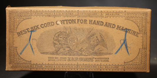 Antique J. & P. Coats "Best Six Cord Cotton for Hand and Machine" Spool Cotton Box, No. 50 Dark Slate, 200 Yards, with Lion and Eagle Vignette, Blue Pencil Markings, and Clark's O.N.T. Advertising, George A. Clark & Brother Sole Agents