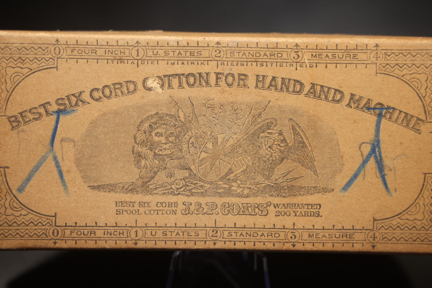 Antique J. & P. Coats "Best Six Cord Cotton for Hand and Machine" Spool Cotton Box, No. 50 Dark Slate, 200 Yards, with Lion and Eagle Vignette, Blue Pencil Markings, and Clark's O.N.T. Advertising, George A. Clark & Brother Sole Agents