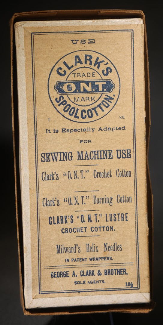 Antique J. & P. Coats "Best Six Cord Cotton for Hand and Machine" Spool Cotton Box, No. 50 Dark Slate, 200 Yards, with Lion and Eagle Vignette, Blue Pencil Markings, and Clark's O.N.T. Advertising, George A. Clark & Brother Sole Agents