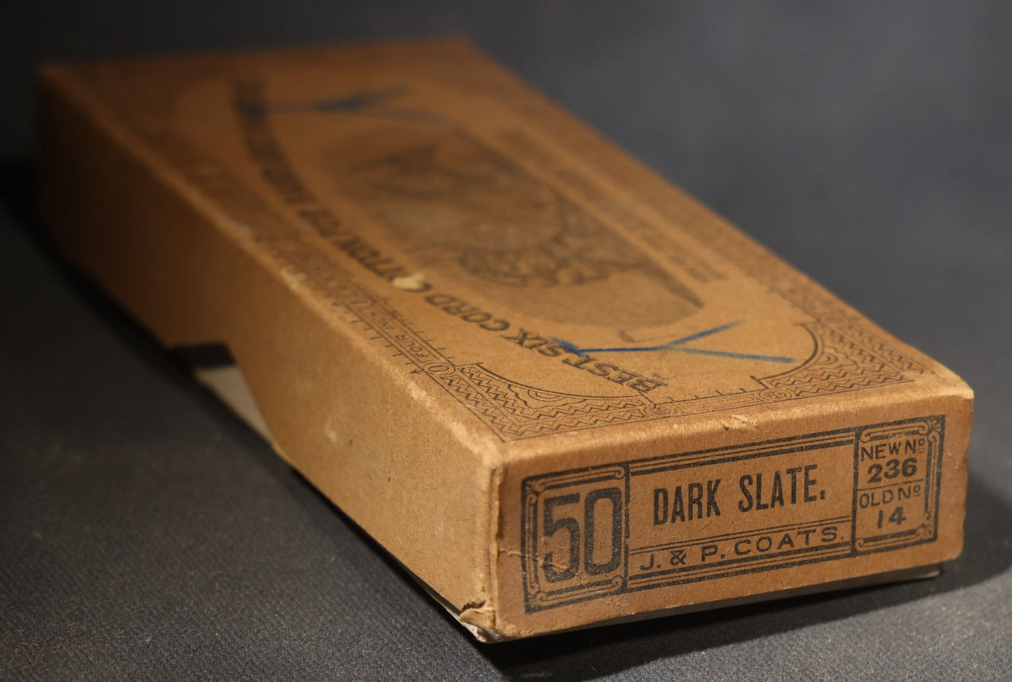 Antique J. & P. Coats "Best Six Cord Cotton for Hand and Machine" Spool Cotton Box, No. 50 Dark Slate, 200 Yards, with Lion and Eagle Vignette, Blue Pencil Markings, and Clark's O.N.T. Advertising, George A. Clark & Brother Sole Agents