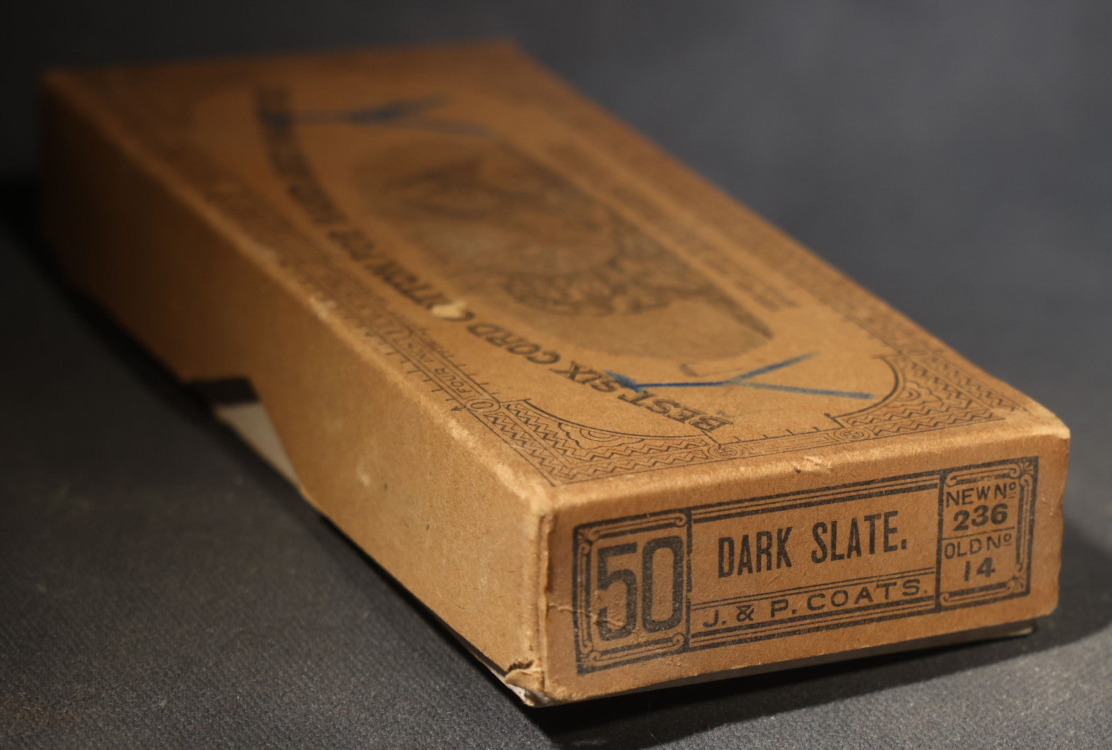 Antique J. & P. Coats "Best Six Cord Cotton for Hand and Machine" Spool Cotton Box, No. 50 Dark Slate, 200 Yards, with Lion and Eagle Vignette, Blue Pencil Markings, and Clark's O.N.T. Advertising, George A. Clark & Brother Sole Agents