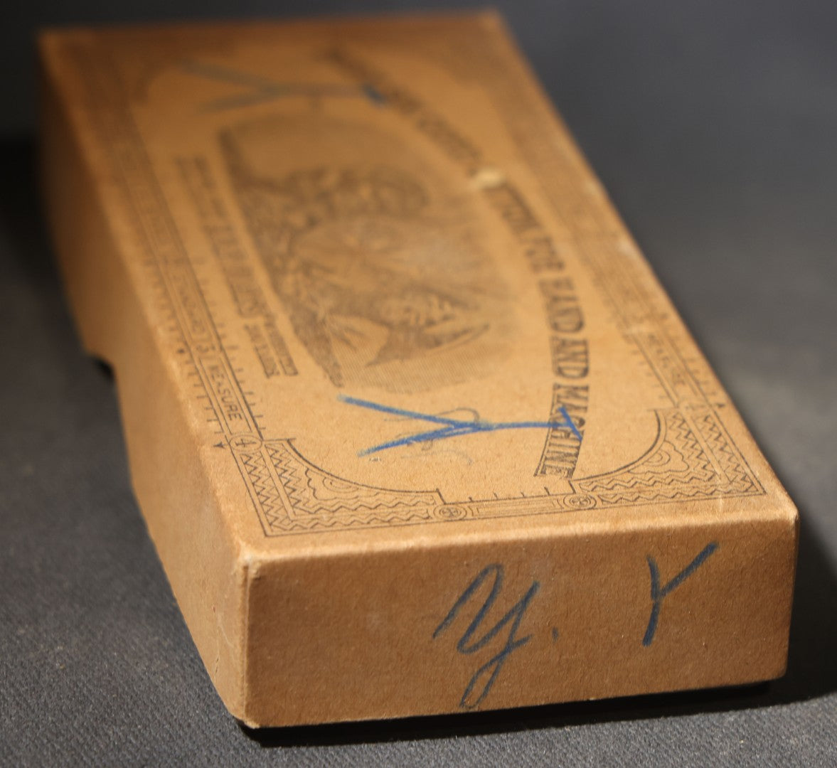 Antique J. & P. Coats "Best Six Cord Cotton for Hand and Machine" Spool Cotton Box, No. 50 Dark Slate, 200 Yards, with Lion and Eagle Vignette, Blue Pencil Markings, and Clark's O.N.T. Advertising, George A. Clark & Brother Sole Agents
