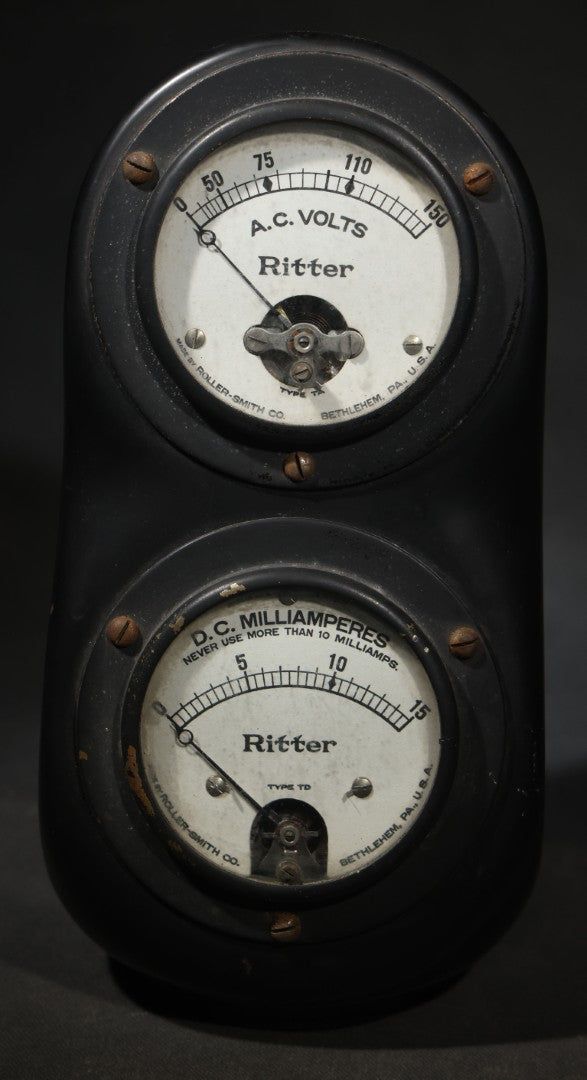 Antique Ritter Dual-Gauge Meter Panel Salvaged from an X-Ray Machine, A.C. Volts and D.C. Milliamperes Gauges, Manufactured by Roller-Smith Co., Bethlehem, Pennsylvania, U.S.A., Ritter Dental Mfg. Co., Rochester, New York, Circa 1915