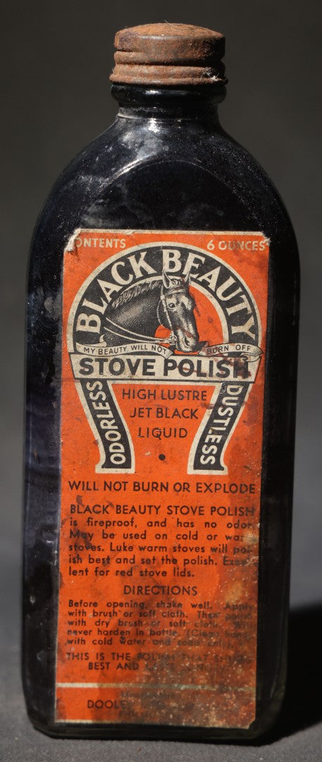 Antique "Black Beauty" Stove Polish Bottle with Original Label, Horse Head Graphic, "My Beauty Will Not Burn Off," 6 Ounces
