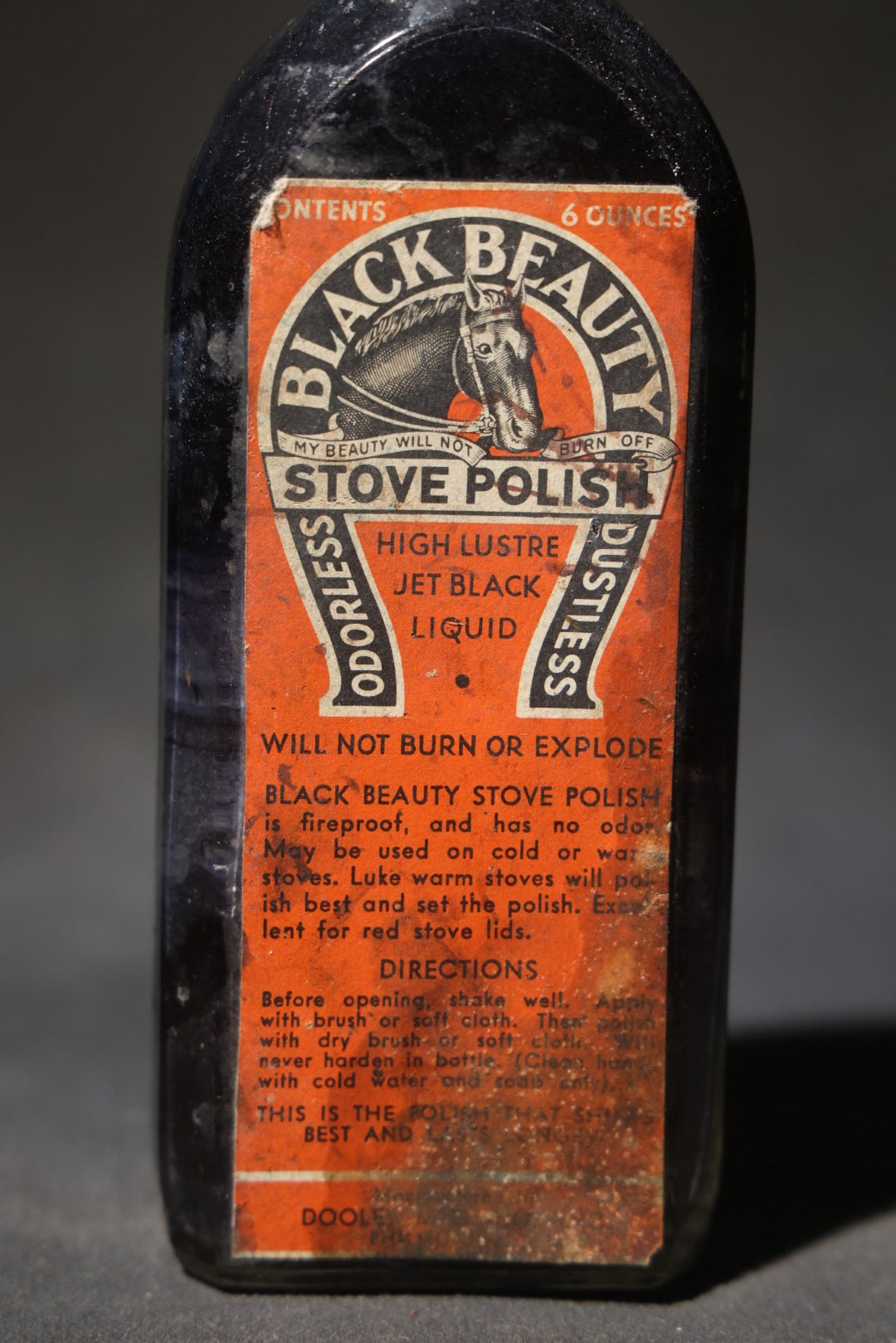 Antique "Black Beauty" Stove Polish Bottle with Original Label, Horse Head Graphic, "My Beauty Will Not Burn Off," 6 Ounces