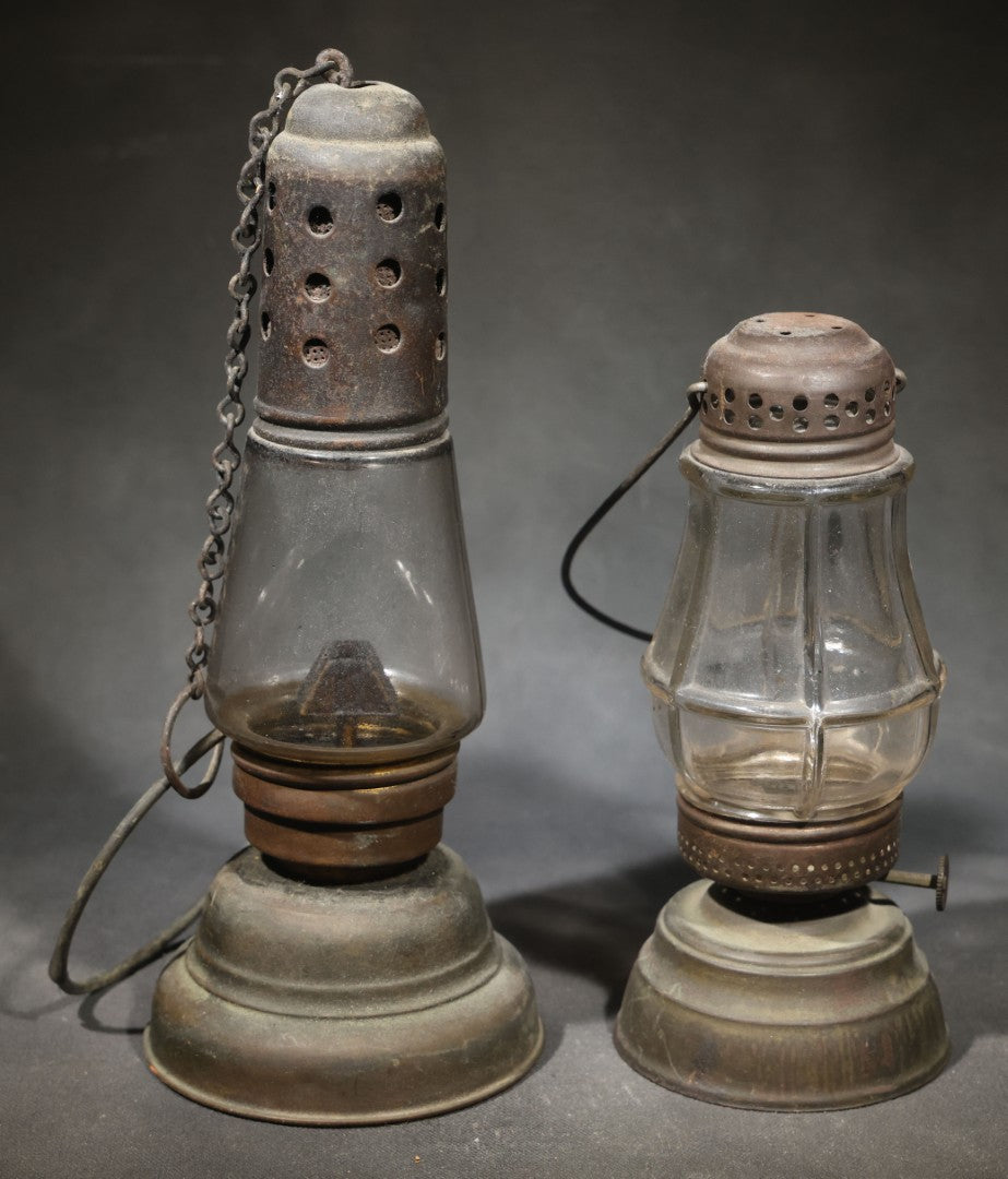 Pair of Antique Skater's Lanterns with Glass Globes and Perforated Tops