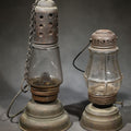 Lot 056 - Pair of Antique Skater's Lanterns with Glass Globes and Perforated Tops