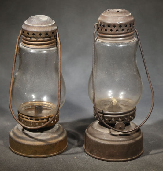 Pair of Antique Skater's Lanterns with Glass Globes and Perforated Tops