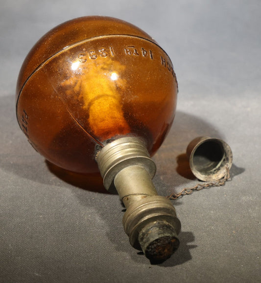 Antique "Purdy's Spheric Lamp" Amber Glass Jeweler's Alcohol Lamp, Patented 1880 and 1893, by J.H. Purdy, Note Missing Tin Base