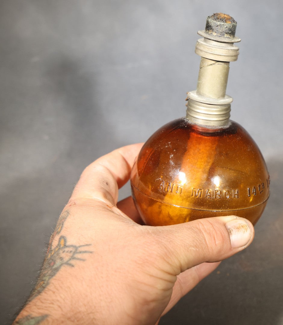 Antique "Purdy's Spheric Lamp" Amber Glass Jeweler's Alcohol Lamp, Patented 1880 and 1893, by J.H. Purdy, Note Missing Tin Base