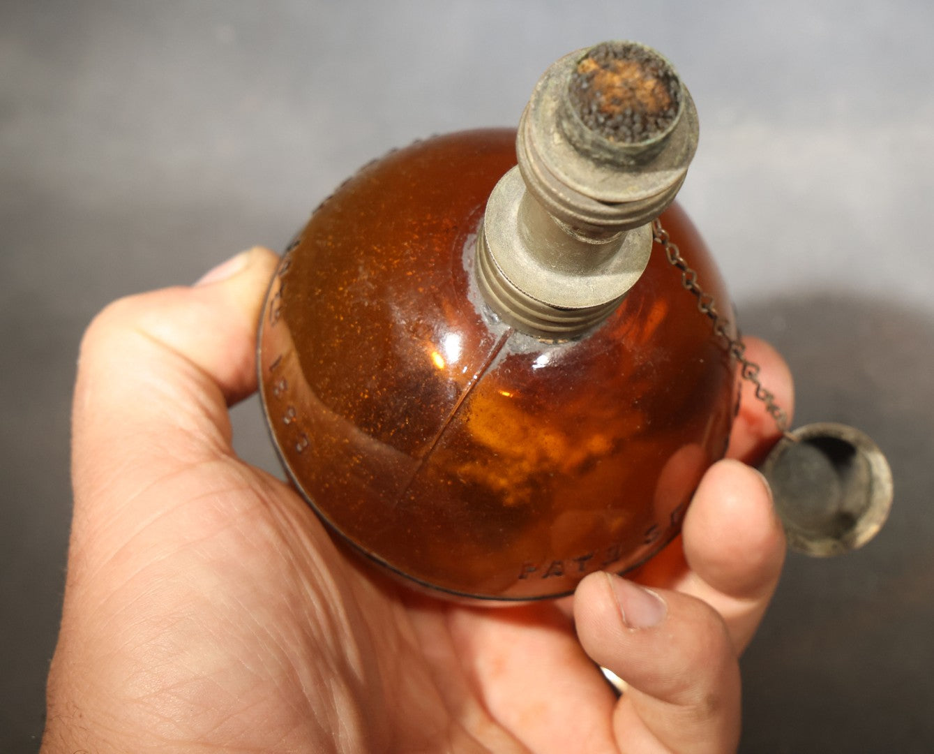 Antique "Purdy's Spheric Lamp" Amber Glass Jeweler's Alcohol Lamp, Patented 1880 and 1893, by J.H. Purdy, Note Missing Tin Base