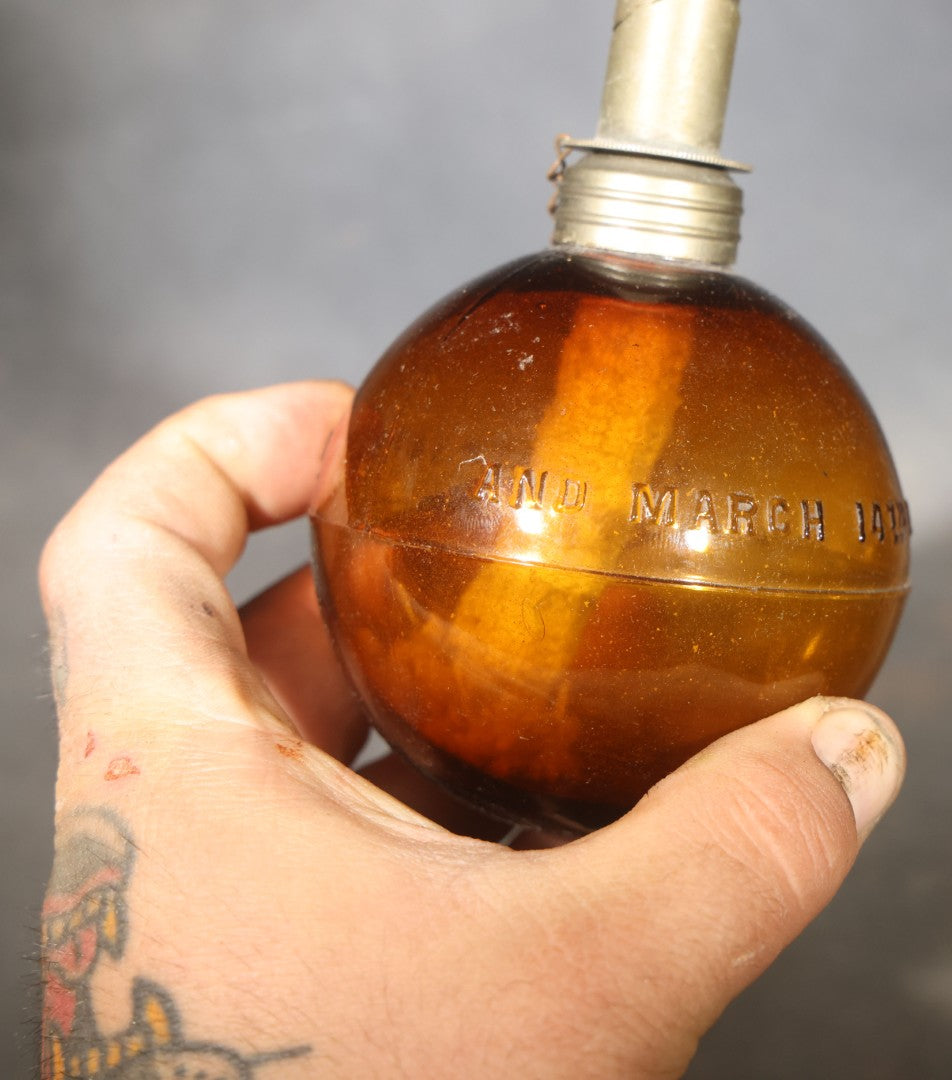 Antique "Purdy's Spheric Lamp" Amber Glass Jeweler's Alcohol Lamp, Patented 1880 and 1893, by J.H. Purdy, Note Missing Tin Base