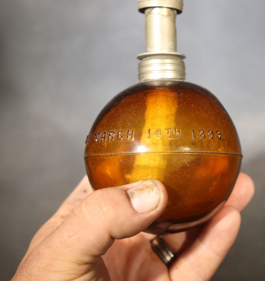 Antique "Purdy's Spheric Lamp" Amber Glass Jeweler's Alcohol Lamp, Patented 1880 and 1893, by J.H. Purdy, Note Missing Tin Base