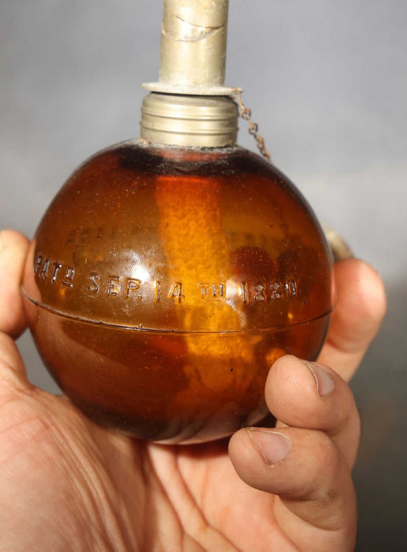 Antique "Purdy's Spheric Lamp" Amber Glass Jeweler's Alcohol Lamp, Patented 1880 and 1893, by J.H. Purdy, Note Missing Tin Base