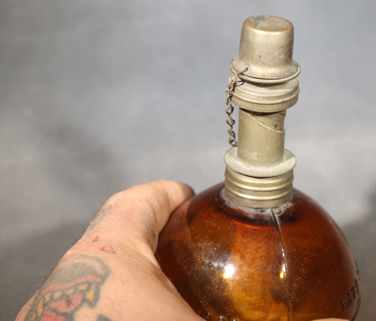 Antique "Purdy's Spheric Lamp" Amber Glass Jeweler's Alcohol Lamp, Patented 1880 and 1893, by J.H. Purdy, Note Missing Tin Base