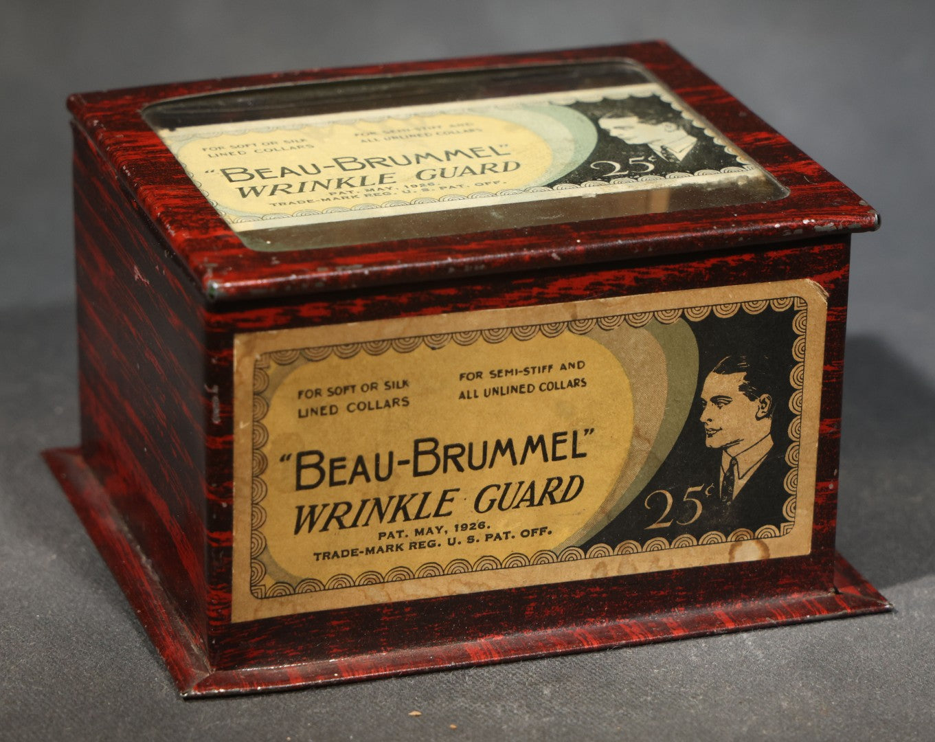 Antique "Beau-Brummel" Wrinkle Guard Tin Counter Display Box with Glass Lid, Men's Collar Accessory, Patented May 1926, 25 Cents