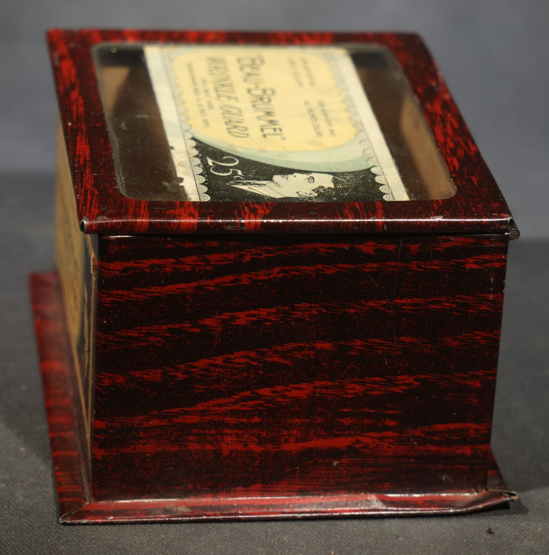 Antique "Beau-Brummel" Wrinkle Guard Tin Counter Display Box with Glass Lid, Men's Collar Accessory, Patented May 1926, 25 Cents