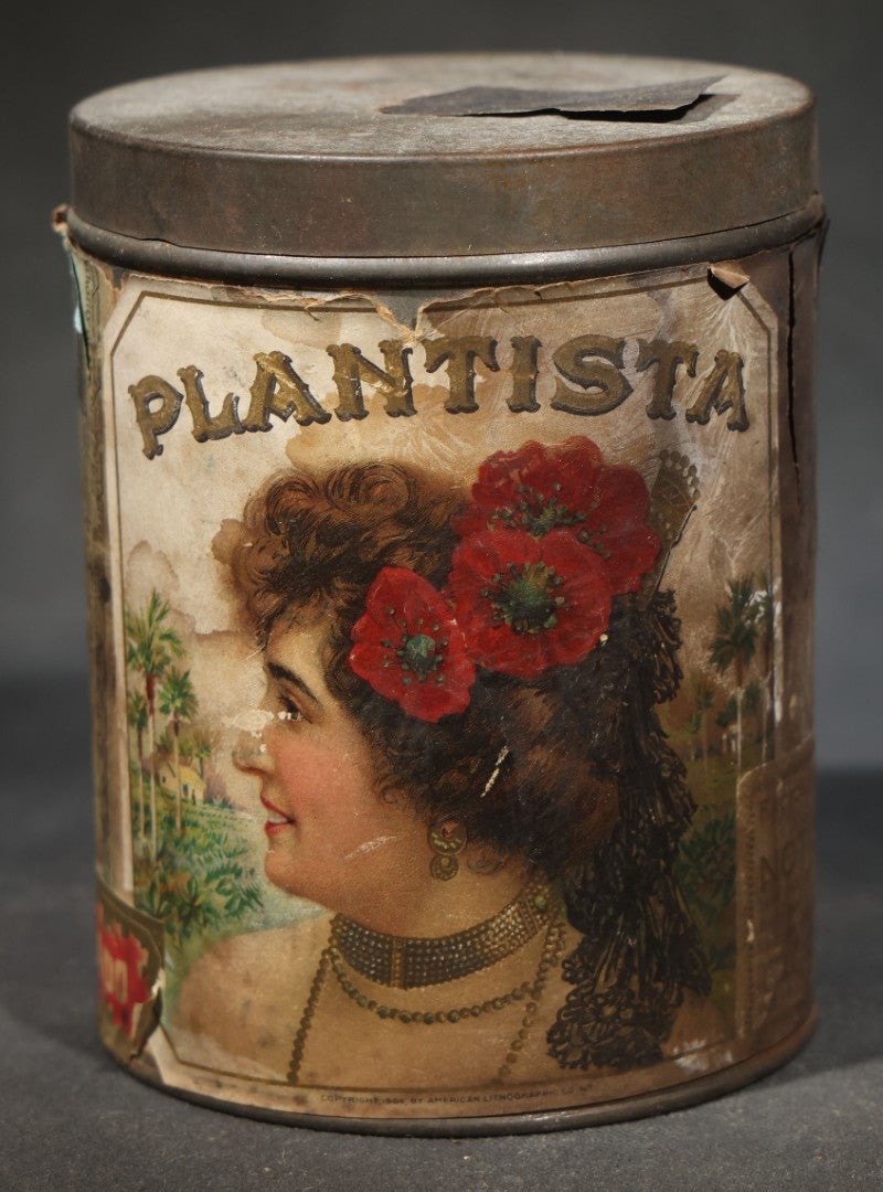 Antique "Plantista" Cigar Tin with Lithographed Paper Label, Woman with Red Poppies and Tropical Scenes, Copyright 1906 American Lithographic Co., New York, Factory No. 180, 6th District, Indiana
