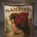 Lot 061 - Antique "Plantista" Cigar Tin with Lithographed Paper Label, Woman with Red Poppies and Tropical Scenes, Copyright 1906 American Lithographic Co., New York, Factory No. 180, 6th District, Indiana, 5" H