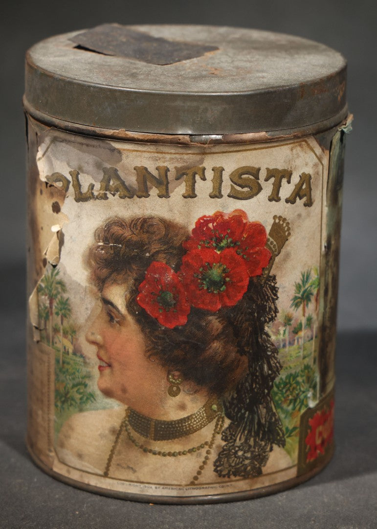 Antique "Plantista" Cigar Tin with Lithographed Paper Label, Woman with Red Poppies and Tropical Scenes, Copyright 1906 American Lithographic Co., New York, Factory No. 180, 6th District, Indiana