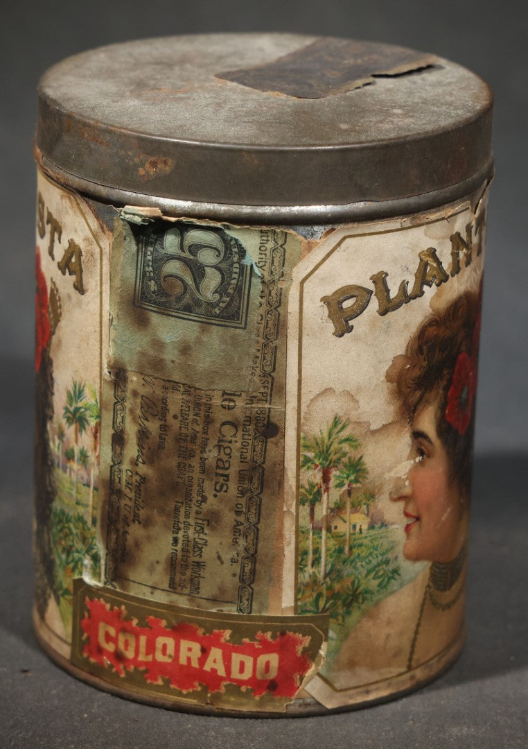 Antique "Plantista" Cigar Tin with Lithographed Paper Label, Woman with Red Poppies and Tropical Scenes, Copyright 1906 American Lithographic Co., New York, Factory No. 180, 6th District, Indiana