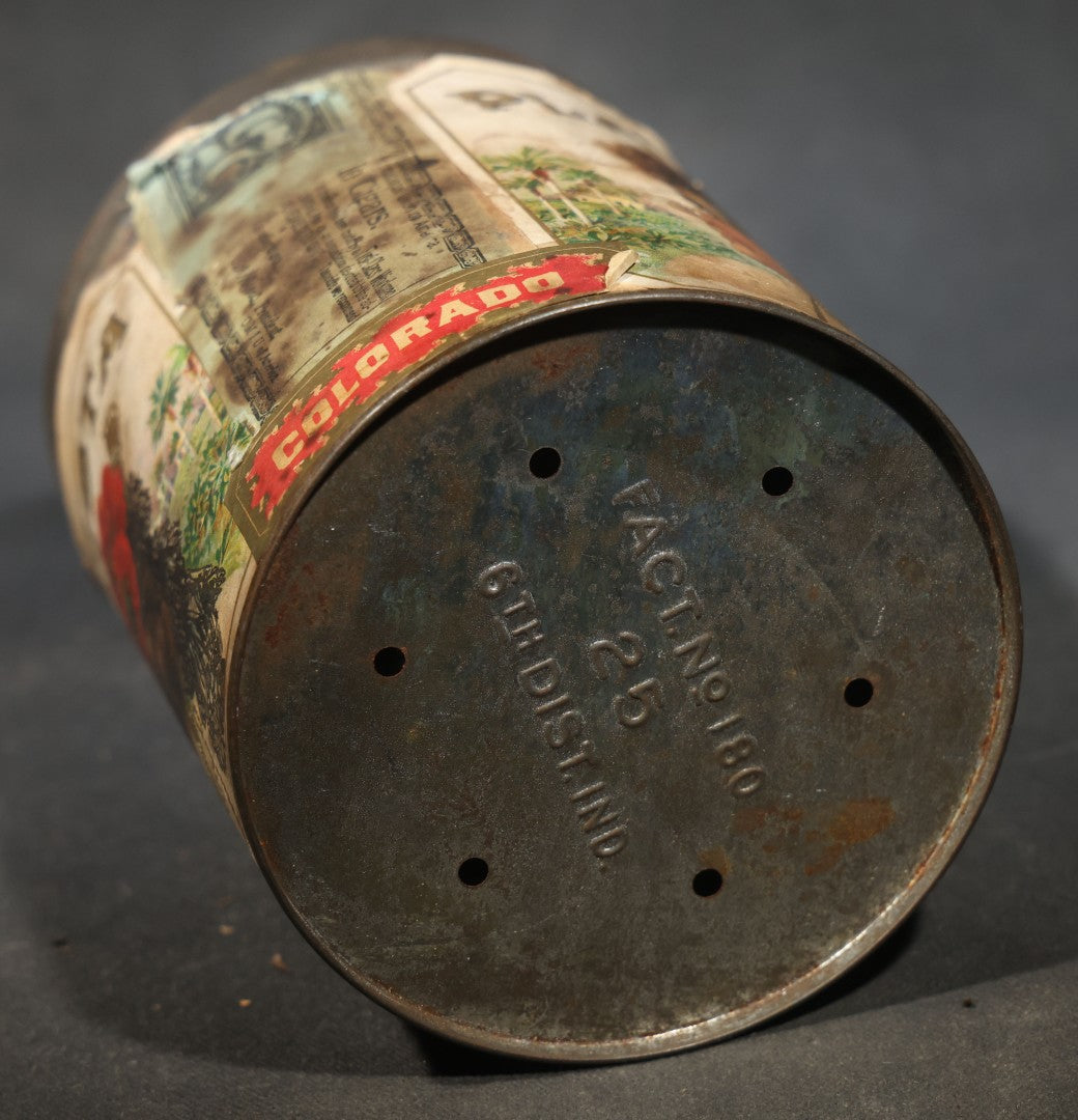 Antique "Plantista" Cigar Tin with Lithographed Paper Label, Woman with Red Poppies and Tropical Scenes, Copyright 1906 American Lithographic Co., New York, Factory No. 180, 6th District, Indiana