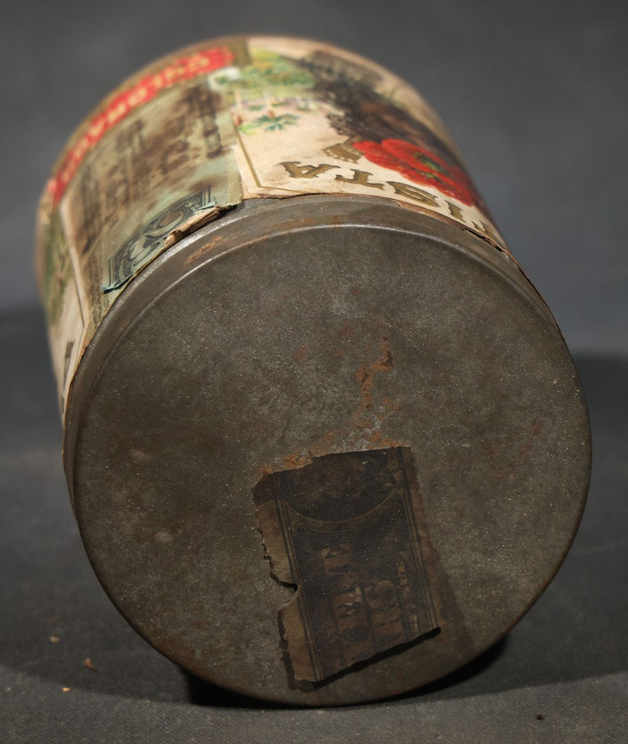 Antique "Plantista" Cigar Tin with Lithographed Paper Label, Woman with Red Poppies and Tropical Scenes, Copyright 1906 American Lithographic Co., New York, Factory No. 180, 6th District, Indiana