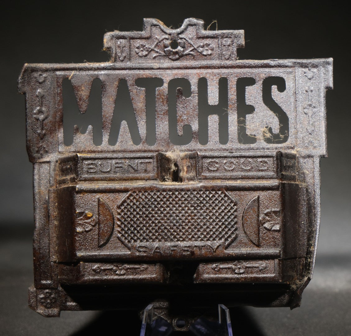 Antique Tin Wall-Mount Match Holder with Pierced "MATCHES" Text, "Burnt" and "Good" Compartments, and "Safety" Striking Surface