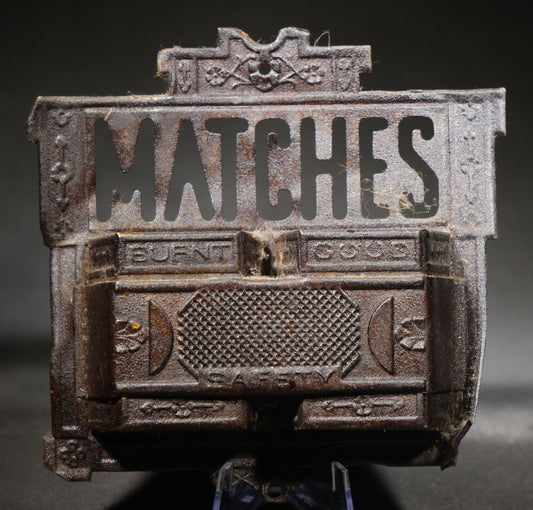 Antique Tin Wall-Mount Match Holder with Pierced "MATCHES" Text, "Burnt" and "Good" Compartments, and "Safety" Striking Surface