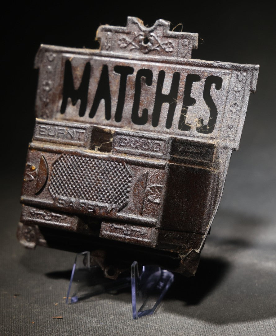 Antique Tin Wall-Mount Match Holder with Pierced "MATCHES" Text, "Burnt" and "Good" Compartments, and "Safety" Striking Surface