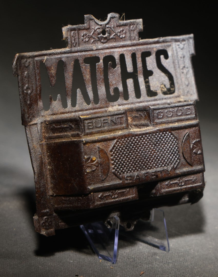 Antique Tin Wall-Mount Match Holder with Pierced "MATCHES" Text, "Burnt" and "Good" Compartments, and "Safety" Striking Surface