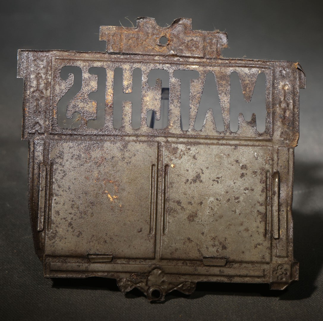 Antique Tin Wall-Mount Match Holder with Pierced "MATCHES" Text, "Burnt" and "Good" Compartments, and "Safety" Striking Surface