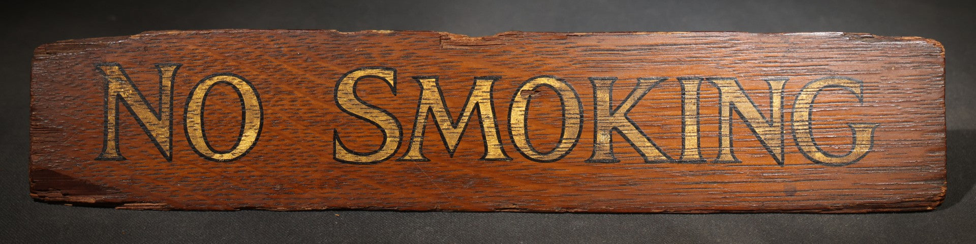 Vintage Hand-Painted Oak "No Smoking" Desk Sign with Gold Lettering