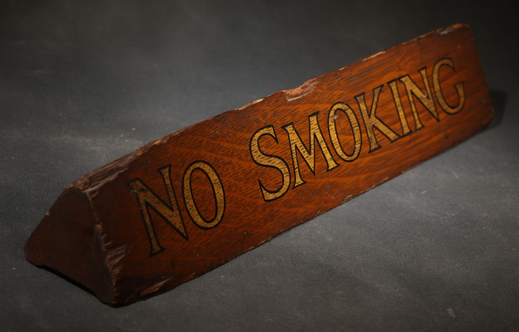 Vintage Hand-Painted Oak "No Smoking" Desk Sign with Gold Lettering
