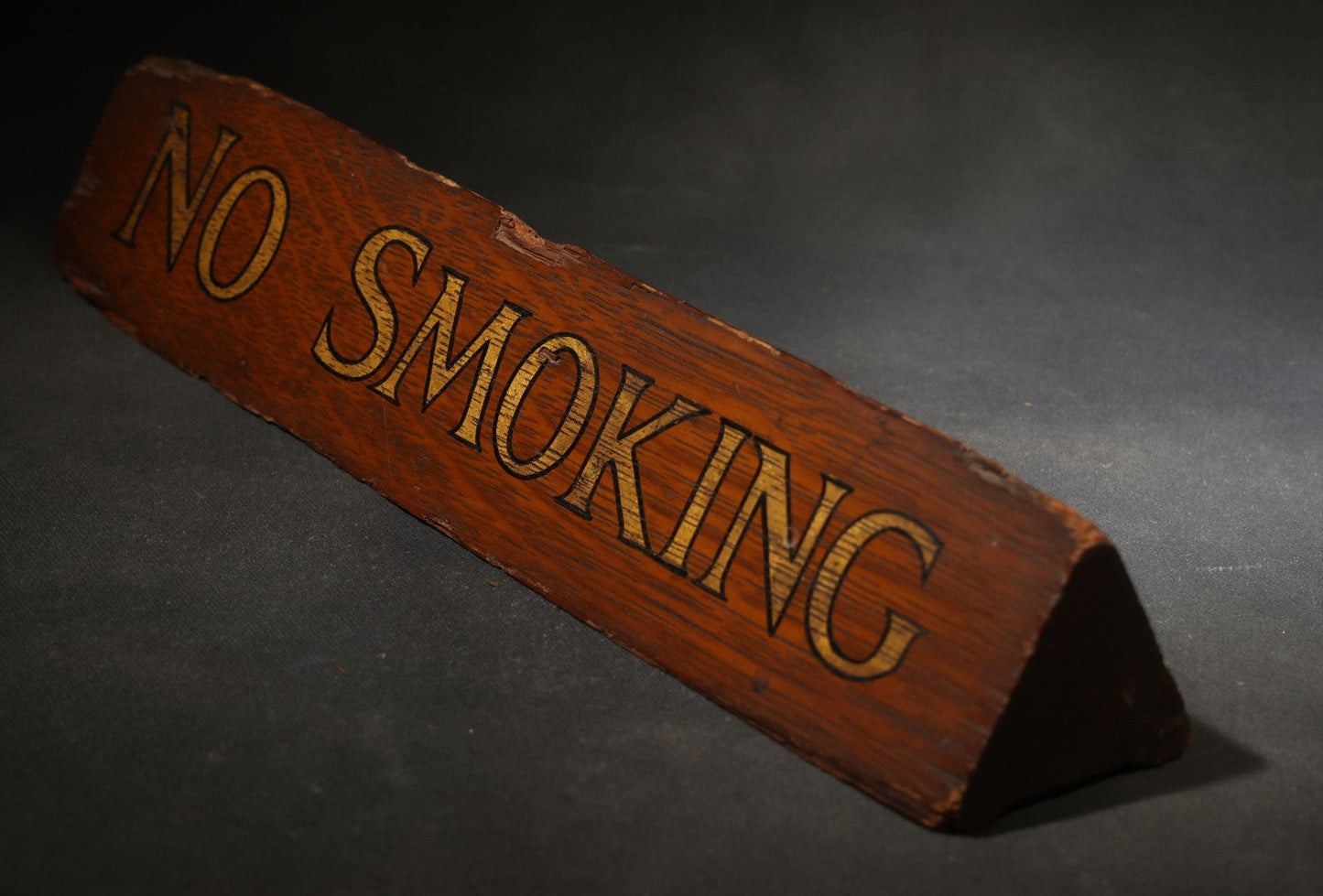 Vintage Hand-Painted Oak "No Smoking" Desk Sign with Gold Lettering