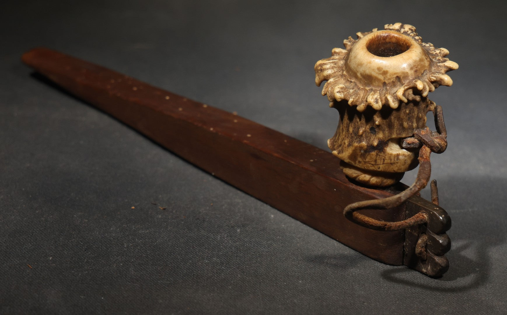 Vintage Handmade Deer Antler Burr and Wood Smoking Pipe with Leather Thong