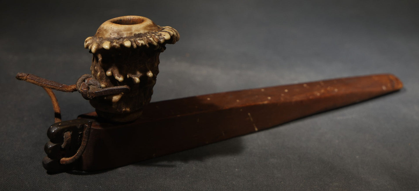 Vintage Handmade Deer Antler Burr and Wood Smoking Pipe with Leather Thong