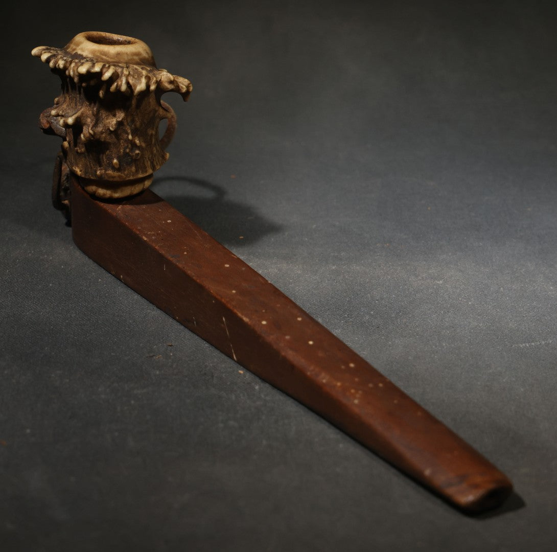Vintage Handmade Deer Antler Burr and Wood Smoking Pipe with Leather Thong
