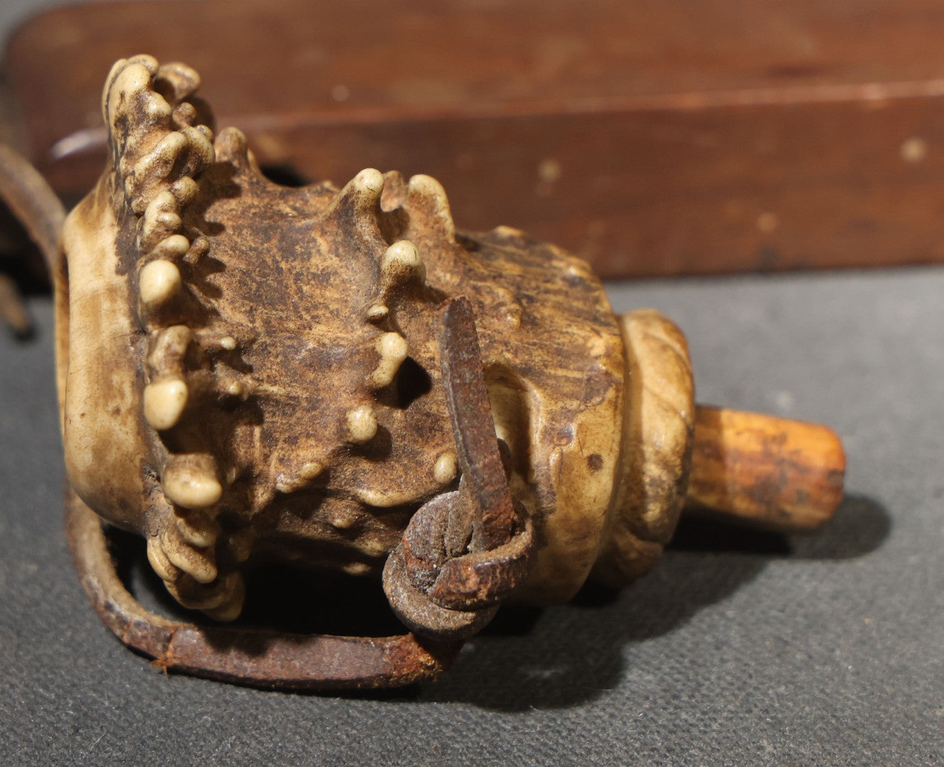 Vintage Handmade Deer Antler Burr and Wood Smoking Pipe with Leather Thong