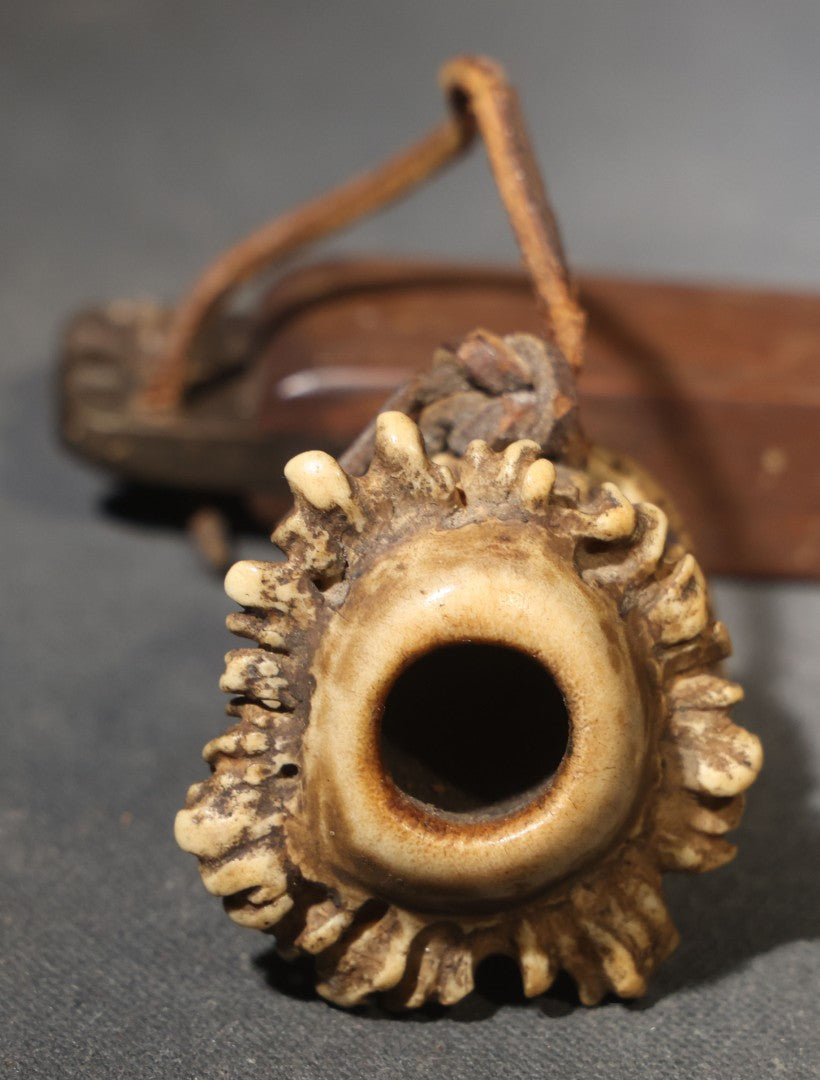 Vintage Handmade Deer Antler Burr and Wood Smoking Pipe with Leather Thong