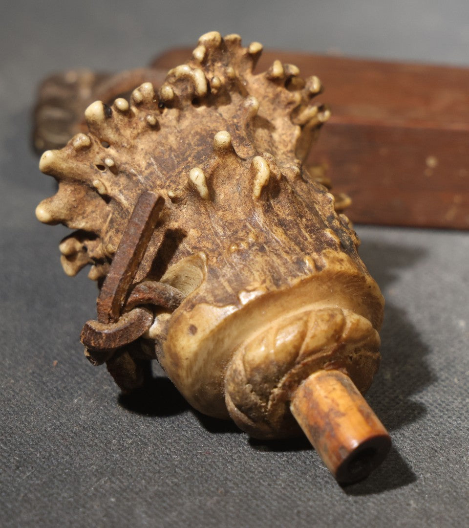 Vintage Handmade Deer Antler Burr and Wood Smoking Pipe with Leather Thong
