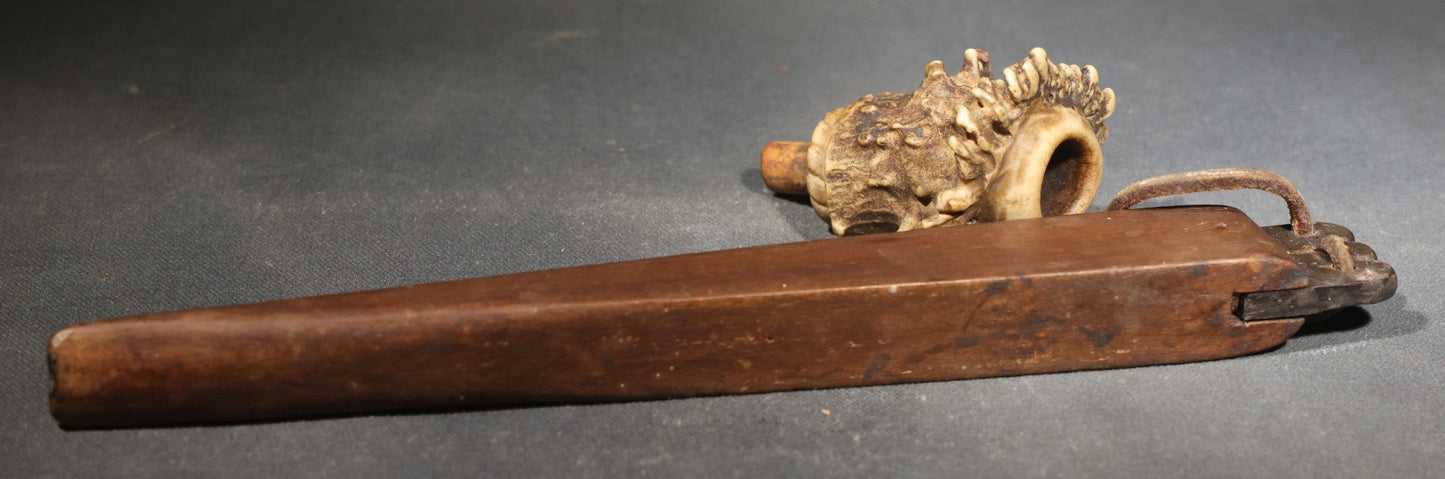 Vintage Handmade Deer Antler Burr and Wood Smoking Pipe with Leather Thong
