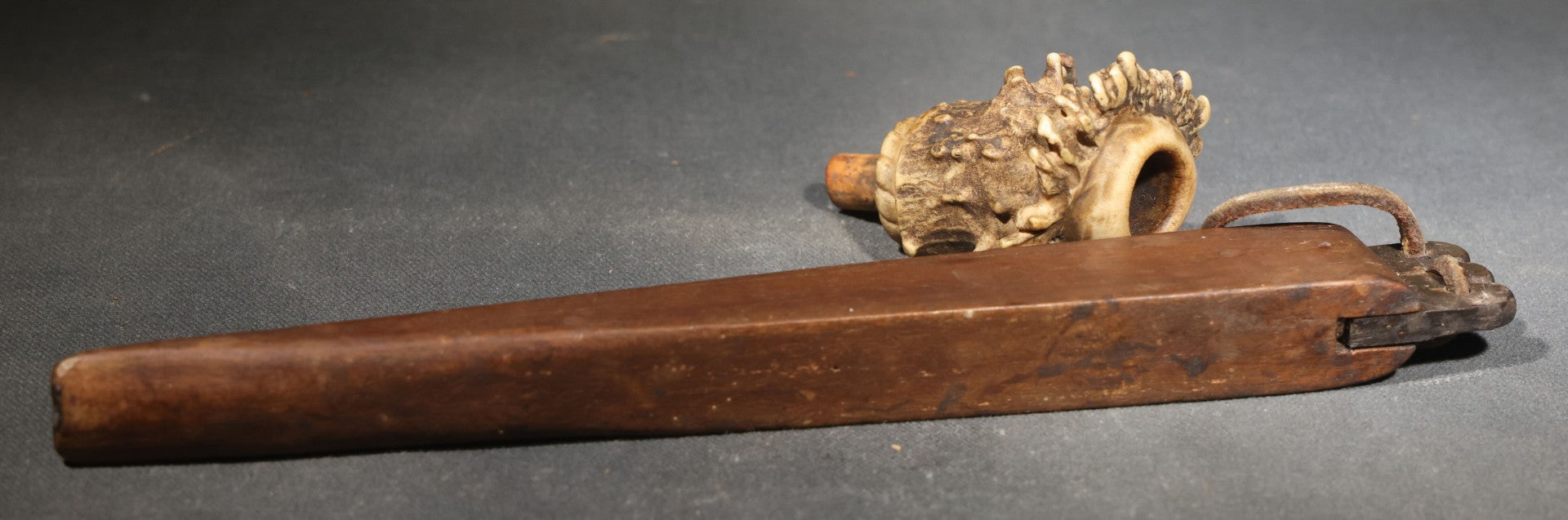 Vintage Handmade Deer Antler Burr and Wood Smoking Pipe with Leather Thong
