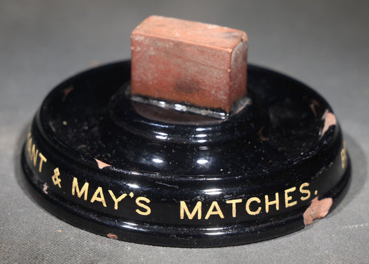 Antique Bryant & May's Matches Advertising Match Striker, Black Glaze with Gold Lettering, Chipped