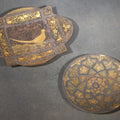 Lot 070 - Pair of Vintage Gold Damascene Dishes Including Round Footed Dish with Geometric Star Pattern and Shield-Shaped Dish with Bird and Scrollwork