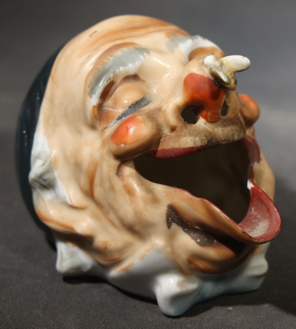 Vintage Figural Open-Mouth Man Ceramic Ashtray with Bee on Nose, Made in Japan