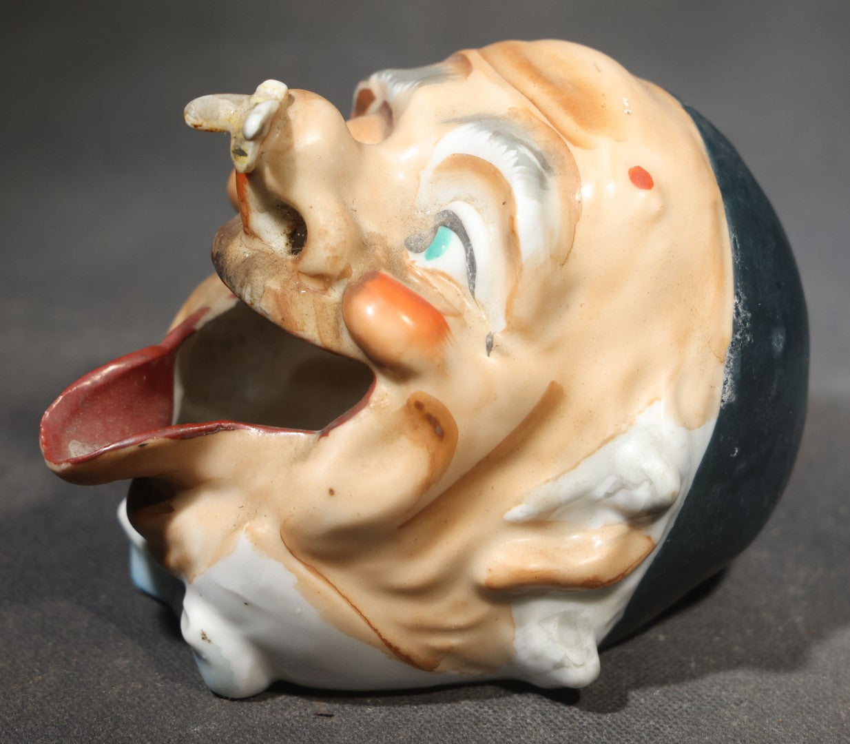 Vintage Figural Open-Mouth Man Ceramic Ashtray with Bee on Nose, Made in Japan
