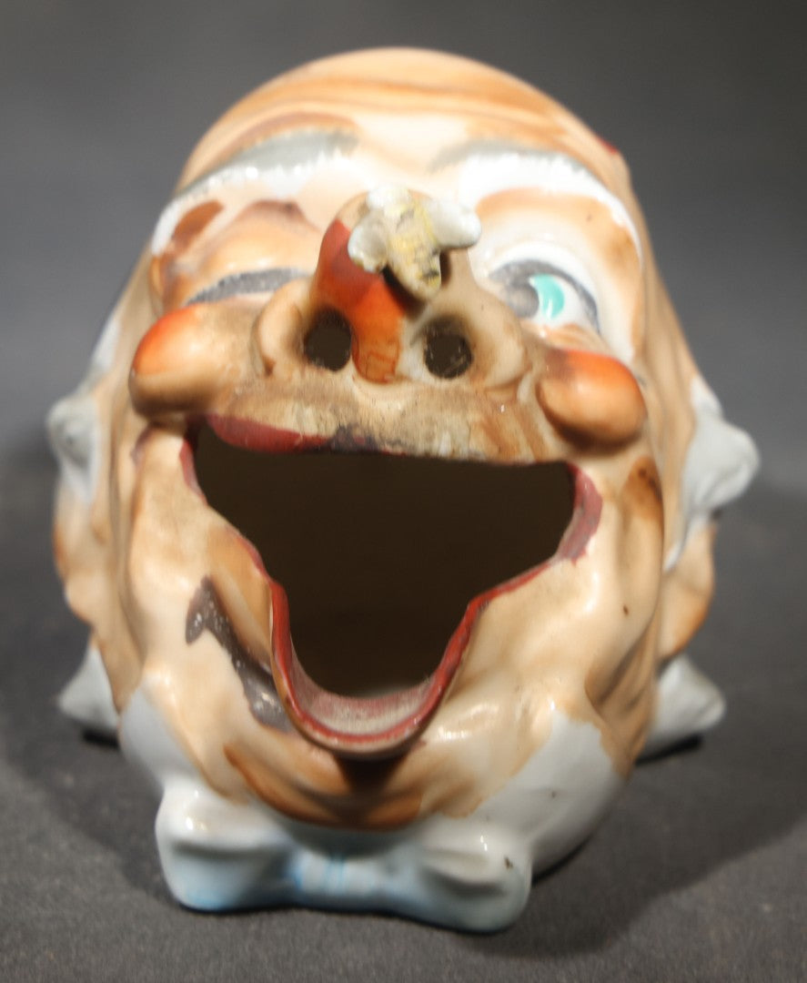 Vintage Figural Open-Mouth Man Ceramic Ashtray with Bee on Nose, Made in Japan